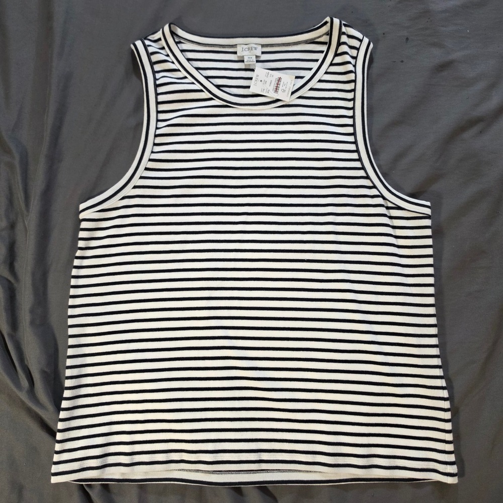 J.Crew Womens 3X Striped Ribbed Tank Top Sleeveless Crew Neck CH264 Ivory Navy